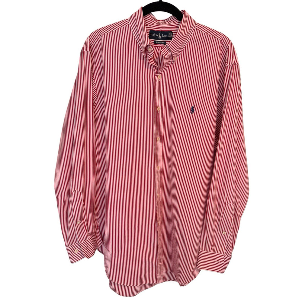 Ralph Lauren Men's Classic Fit Striped Poplin Shirt Red White Size 16/32-33
